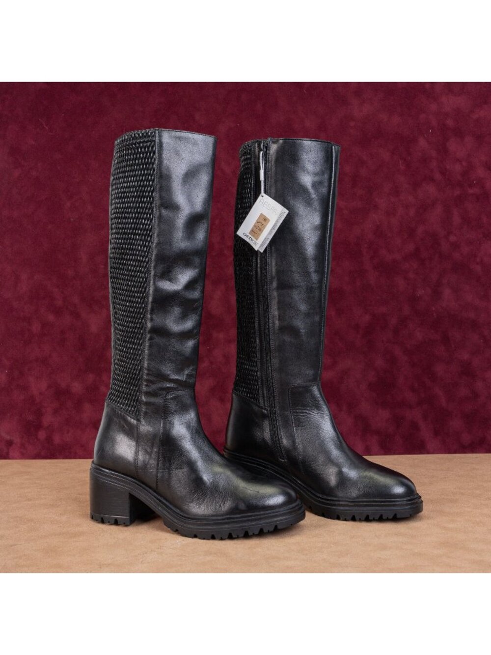 Geox Women Damiana Black Leather Lug Sole Riding Knee Boots 7.5US EUR38